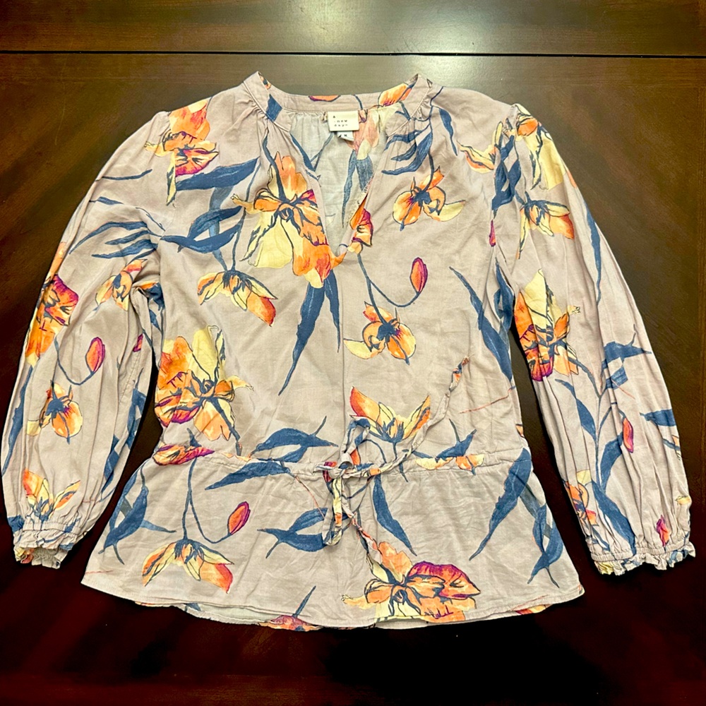 a new day Floral Women's Blouse with Orange and Blue Accents